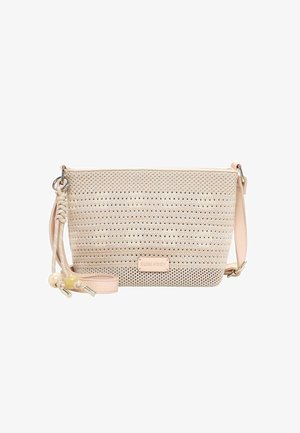 Beigen sävyinen olkalaukku, jossa on rei'itetty kuvio, säädettävä olkahihna, koristeelliset solmut ja helmet, etupuolella "SURI FREY"-merkkilappu.