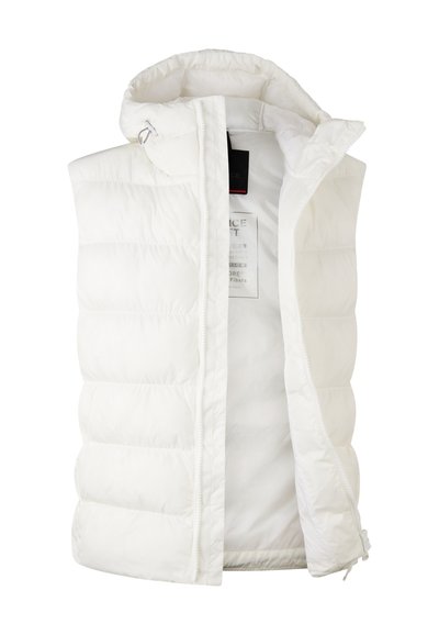 Witte mouwloze puffer vest met een capuchon, gekenmerkt door horizontaal gestikte secties, een gladde textuur en een ritssluiting aan de voorkant. Merken zichtbaar aan de binnenkant.