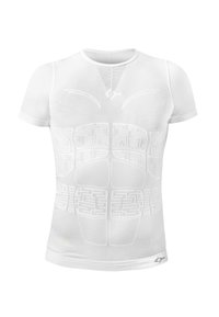 Camicia bianca a maniche corte con motivi testurizzati in rilievo che imitano la definizione muscolare. Realizzata in tessuto elasticizzato e traspirante con accenti in rete.