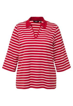 Czerwona i biała w paski koszulka polo z dekoltem w serek, z rękawami o długości trzech ćwiartek i jednolitą czerwoną kołnierzykiem. Miękka faktura materiału.
