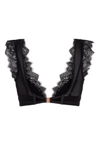 Zwarte beha met een diepe V-halslijn, transparante stof en bloemenkantafwerking langs de schouders, met een metalen haaksluiting aan de achterkant.