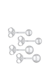 Quattro piercings per lingua in acciaio inox 925, a forma di bilanciere, con estremità sferiche lisce e doppi attacchi circolari.