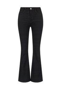 Svarte høytlivs flare jeans med frontknapp, beltestropper og frontlommer.