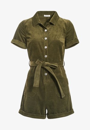 Oliivinvihreä samettitrikoopuku, jossa on lyhyet hihat, napitettu etuosa ja solmittava vyö. Varustettu käännetyillä hihansuuilla ja kahdella etutaskulla. Sileä pinta.