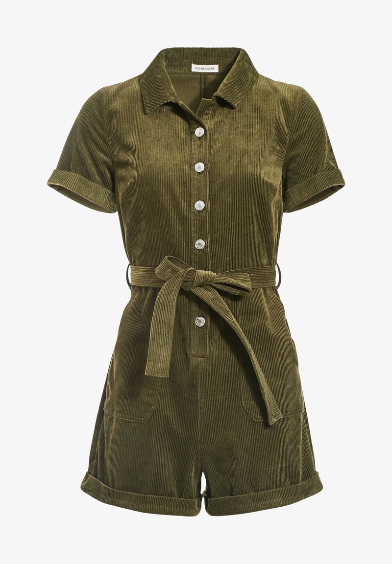 Combinaison en velours côtelé vert olive à manches courtes, boutonnée à l'avant, avec ceinture à nouer. Caractérisée par des poignets retroussés et deux poches avant. Texture lisse.