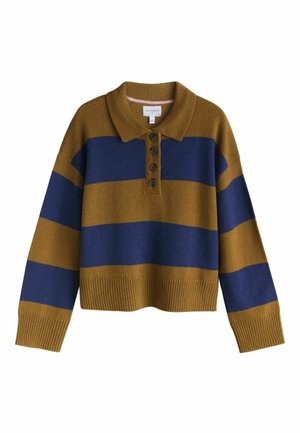 Brown and navy striped knit sweater with a collared neck, four button placket, and ribbed cuffs, featuring a cropped silhouette.