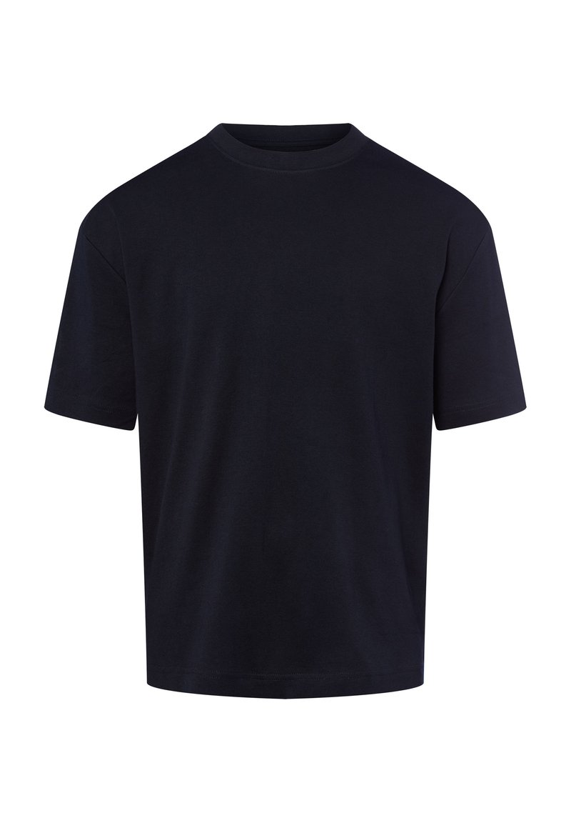Zwarte katoenen t-shirt met een klassieke ronde hals, korte mouwen en een relaxte pasvorm. Glad textuur, geen zichtbare patronen of accenten.