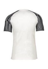 Kurzärmliges Sportshirt mit einem weißen Mesh-Körper und schwarz gestreiften Raglanärmeln. Verfügt über einen runden Halsausschnitt und ein atmungsaktives Stoffgefühl.