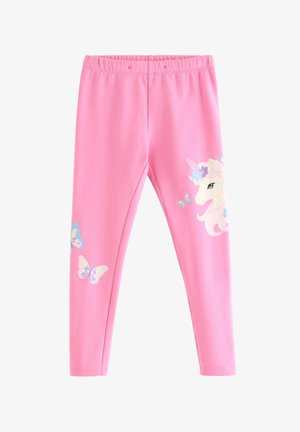 Ružové legíny z mäkkého, elastického materiálu s motívom jednorožca a vzormi motýľov na dolnej časti nôh.
