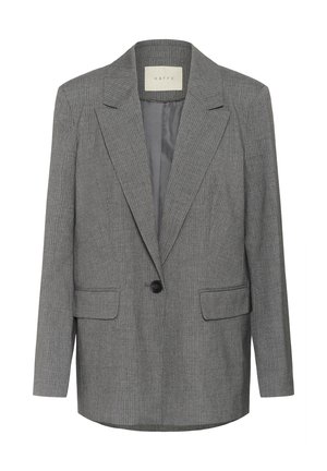 Gray pinstripe blazer with a notched lapel, single black button closure, and two front pockets. Interior lined with smooth fabric.