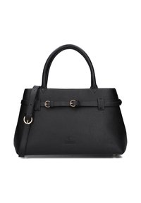 Zwarte leren handtas met een gestructureerd oppervlak, dubbele handvatten en een afneembare schouderriem. Bevat hardware in goudkleur en heeft een eenvoudig ontwerp.