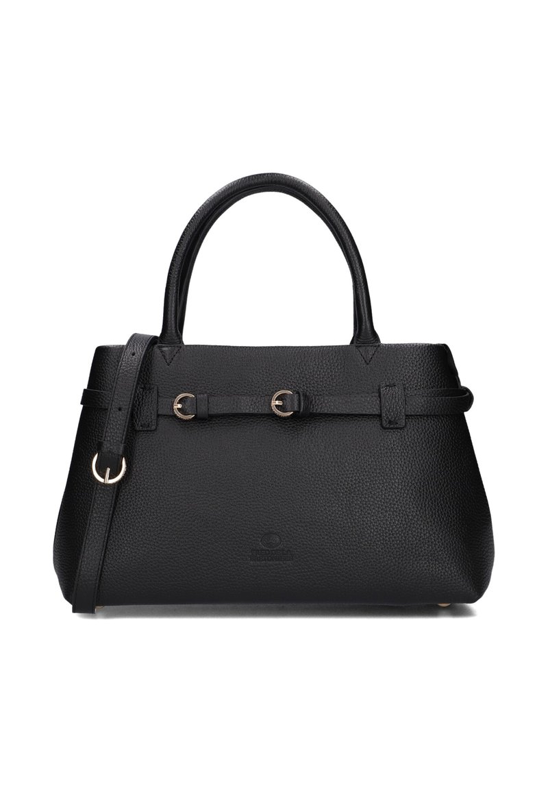 Zwarte leren handtas met een gestructureerd oppervlak, dubbele handvatten en een afneembare schouderriem. Bevat hardware in goudkleur en heeft een eenvoudig ontwerp.