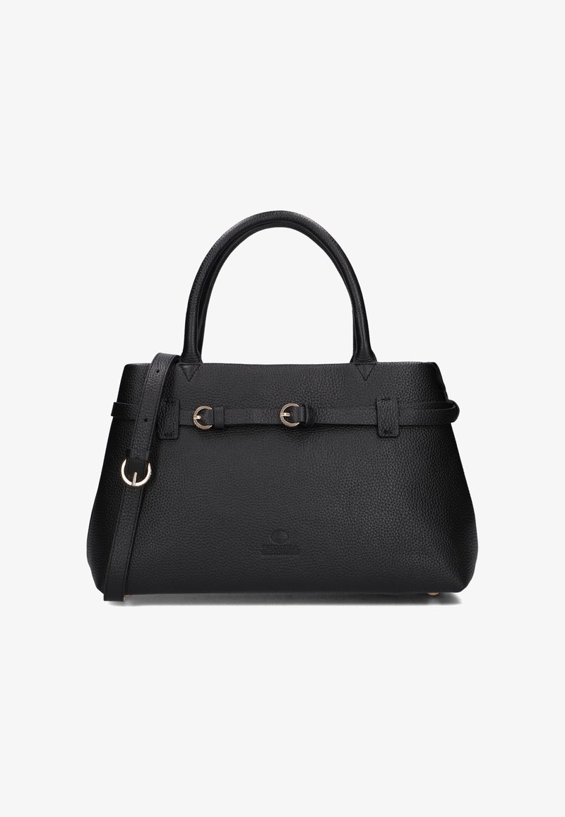 Zwarte leren handtas met een gestructureerd oppervlak, dubbele handvatten en een afneembare schouderriem. Bevat hardware in goudkleur en heeft een eenvoudig ontwerp.