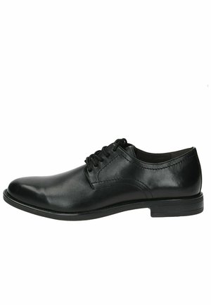 Soulier habillé en cuir noir avec une finition lisse, design à lacets, bout arrondi et semelle en caoutchouc basse. Présente des accents de couture discrets.