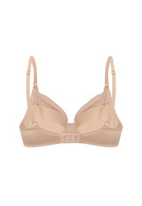 Beżowy stanik z koronkowym wykończeniem i regulowanymi ramiączkami. Posiada zapięcie na trzy haftki z tyłu oraz gładki materiał. Miękka faktura, trójkątne miseczki.