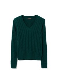 V-Ausschnitt-Kabelstrickpullover in tiefgrün. Verfügt über gerippte Bündchen und Saum sowie ein strukturiertes Muster über den Stoff.