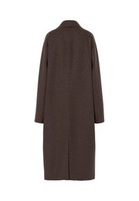 Cappotto lungo in lana marrone con taglio dritto, colletto a rever e maniche lunghe. Presenta uno spacco posteriore per maggiore comodità. Tessuto texturizzato su tutta la superficie.
