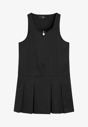 Schwarzes ärmelloses Schulkleid mit Reißverschluss vorne, der einen herzförmigen Reißverschlussgriff hat, und plissiertem Rock.