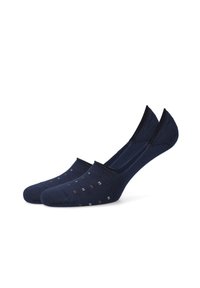 Granatowe skarpetki z niskim stanem, wykonane z teksturowanej tkaniny z małymi, wielokolorowymi kropeczkami. Gładki szew w okolicy palców oraz elastyczne wykończenie dla idealnego dopasowania.