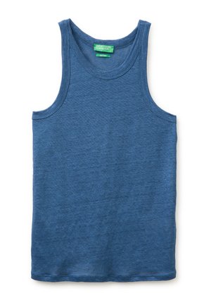 Débardeur bleu sans manches en lin pur avec encolure ronde et étiquette verte United Colors of Benetton à l'intérieur du col.
