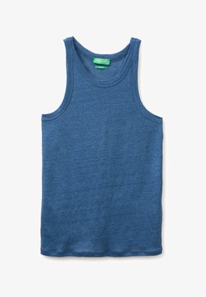 Débardeur bleu sans manches en lin pur avec encolure ronde et étiquette verte United Colors of Benetton à l'intérieur du col.