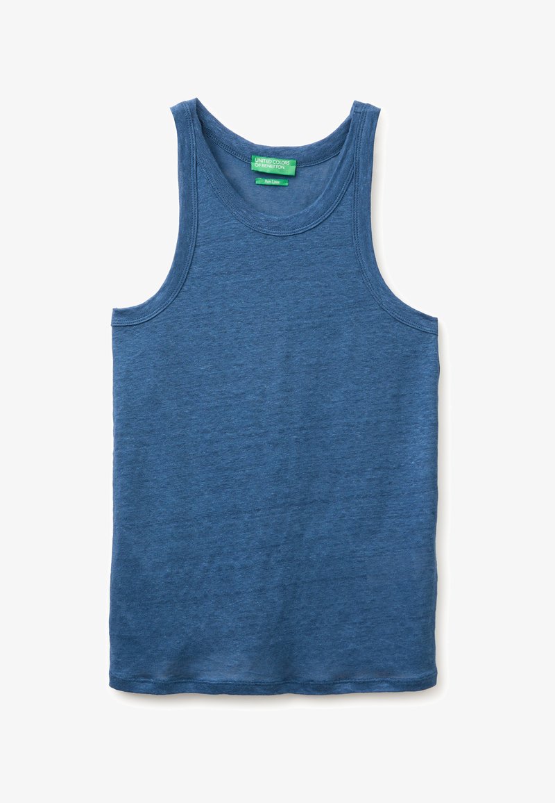 Débardeur bleu sans manches en lin pur avec encolure ronde et étiquette verte United Colors of Benetton à l'intérieur du col.