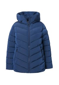 Tummansininen puffitakki, jossa on chevron-nelikulmainen ommelkuvio, vetoketjukiinnitys edessä, säädettävä huppu ja sivutaskut. Sujuva, kevyt kangas.