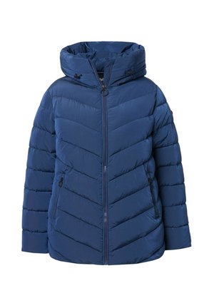 Veste matelassée bleu marine avec un design en chevrons, fermeture éclair à l'avant, capuche réglable et poches latérales. Tissu lisse et léger.