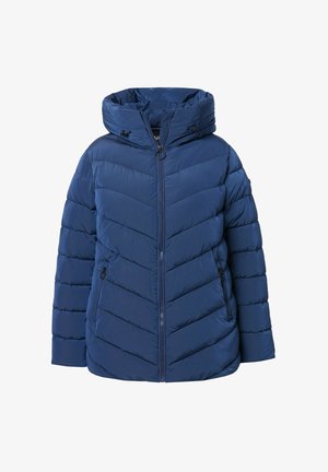 Granatowa kurtka puchowa z pikowaniem w zygzak, zapinana na zamek, z regulowanym kapturem i bocznymi kieszeniami. Gładki, lekki materiał.