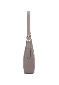 Grau Lederhandtasche mit einem einzelnen Tragegurt, rechteckiger Form und glatter Textur. Mit goldenen Hardware-Akzenten. Seitenansicht angezeigt.
