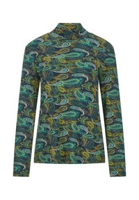 Langärmliges Rollkragenoberteil mit einem bunten Paisley-Muster in Teal, Grün und Gelb auf dunklem Hintergrund. Weicher, elastischer Stoff.