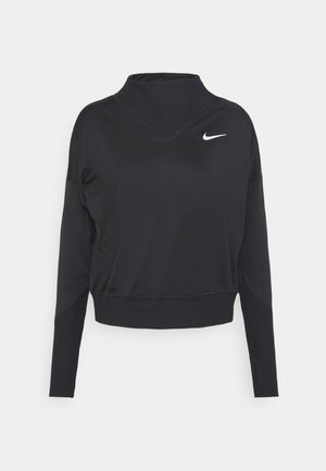 Zwarte lange mouwen Nike trui met hoge kraag en wit Nike swoosh-logo op de linkerborst tegen een witte achtergrond.