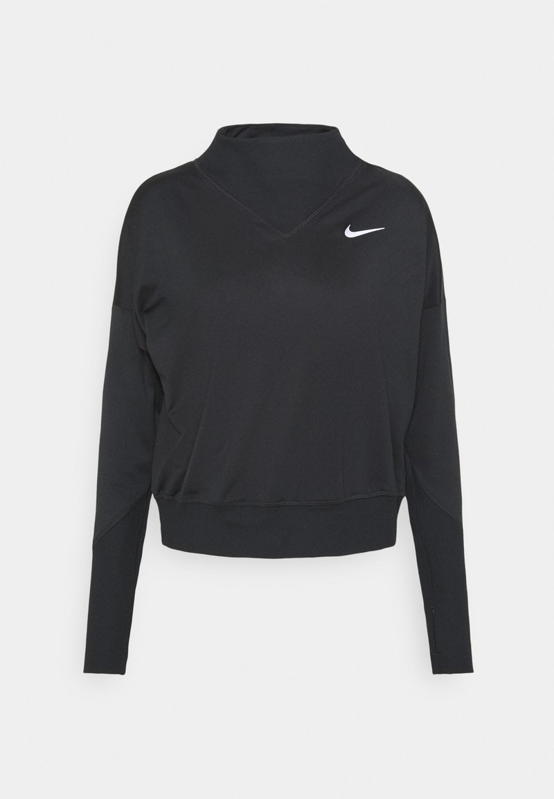 Pull noir à manches longues Nike avec col montant et logo blanc Nike swoosh sur le côté gauche de la poitrine sur fond blanc.