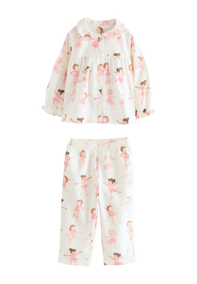 Ensemble de pyjama en coton composé d'un haut à boutons avec col et manches longues, accompagné d'un pantalon à taille élastique, tous deux ornés d'un motif de danseuse de ballet.
