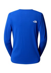 Modrá dlouhá rukávová tričko s kulatým výstřihem a bílým logem The North Face na pravé horní části zad.