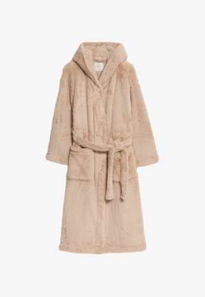 Peignoir en fausse fourrure beige clair, doté d'une capuche, d'une ceinture et de deux poches avant. Texture douce avec des manches longues et une coupe au genou.