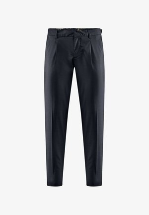 Pantaloni navy realizzati in un tessuto liscio, con un design a gamba dritta, pieghe frontali e un elastico in vita per il massimo comfort.