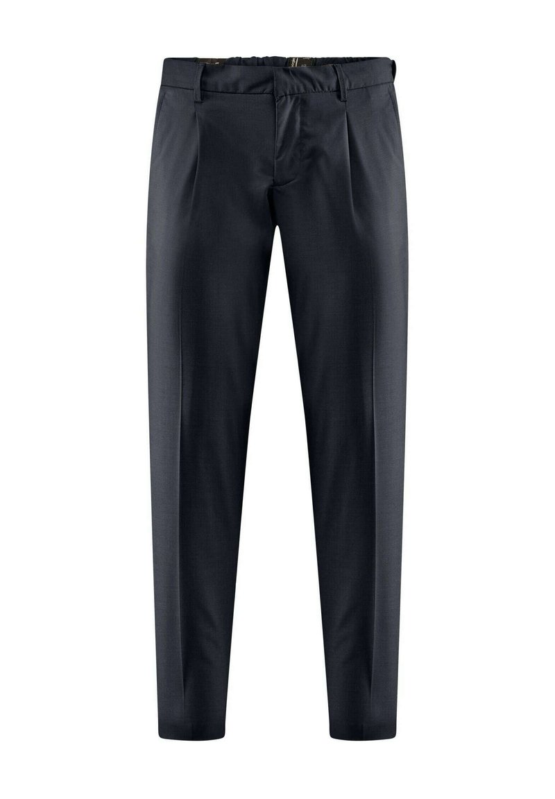 Pantaloni navy realizzati in un tessuto liscio, con un design a gamba dritta, pieghe frontali e un elastico in vita per il massimo comfort.