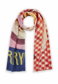 Kleurvolle sjaal met een mix van geruite patronen in rood en roze, met vetgedrukte tekst in het geel op een blauwe achtergrond. Gemaakt van lichtgewicht stof.