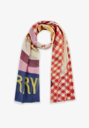 Bunter Schal mit einer Mischung aus karierten Mustern in Rot und Pink, mit fett gedrucktem Text in Gelb auf einem blauen Hintergrund. Hergestellt aus leichtem Stoff.