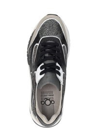 Black and gray sneaker featuring a textured upper, white accents, round toe, and black laces. Inside displays the brand logo and striped design.