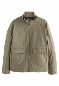 Jachetă khaki cu guler înalt, fermoar pe toată lungimea în față și două buzunare frontale. Croială normală, fabricată dintr-un material neted și ușor.