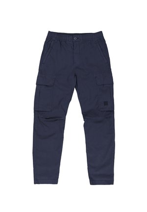 Marine cargobroek met een elastische tailleband, twee grote zijzakken en een patchlogo op de bovenbeen. Gemaakt van duurzaam katoen.
