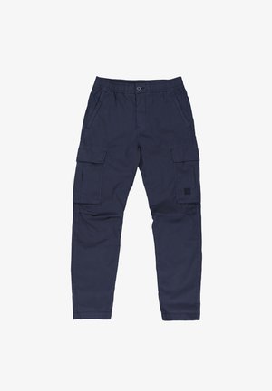 Navy Cargo-Hosen mit elastischem Bund, zwei großen Seitentaschen und einem Patch-Logo am Oberschenkel. Hergestellt aus strapazierfähigem Baumwollstoff.