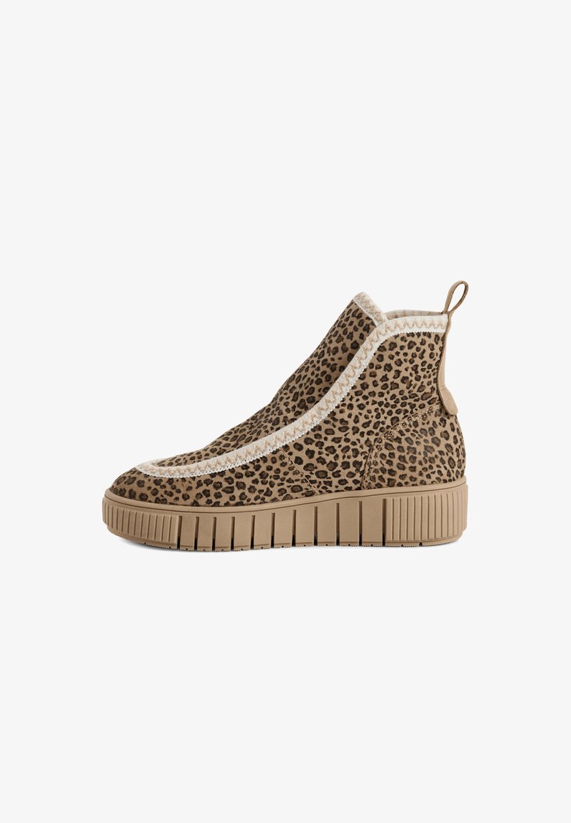 Leopard print ankle boots with a tan suede upper, white stitching detail, and a textured rubber sole. Featuring a pull tab at the back.