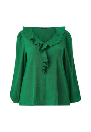 Groene blouse van textured stof, met een ruches halslijn en lange mouwen met gathered manchetten. V-hals ontwerp met een vloeiende silhouette.