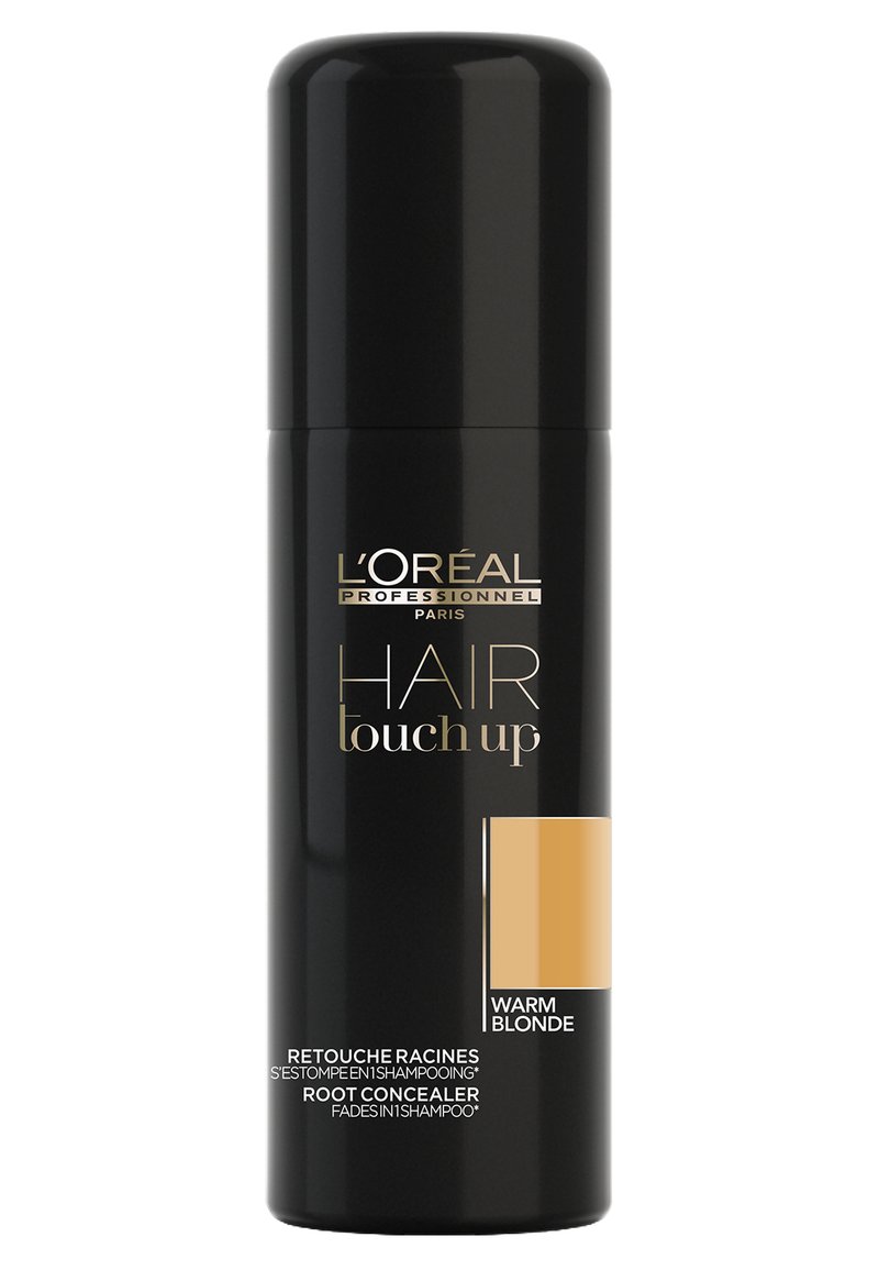 Aérosol noir pour le L'Oréal Professionnel Hair Touch Up, étiqueté "Blond Chaud", avec un logo doré et un échantillon de couleur beige.