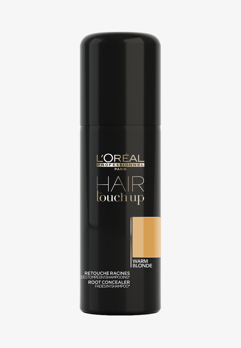Svart aerosolboks for L'Oréal Professional Hair Touch Up, merket "Warm Blonde," med et gullfarget logo og en beige fargeprøve.