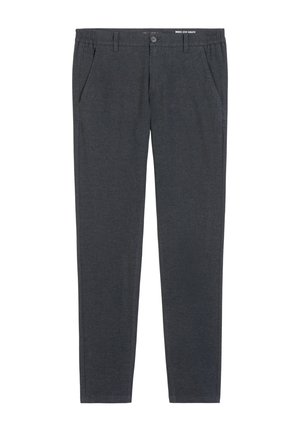 Dunkelgraue Hose aus strukturiertem Stoff mit Knopfverschluss, Gürtelschlaufen und Vordertaschen. Maßgeschneiderte Passform mit geradem Bein.
