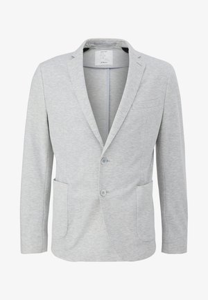 Lichtgrijze blazer van gebreide stof, met een sluiting met twee knopen, notch-lapels en twee voorkeurszakken. Glad textuur, modern ontwerp.